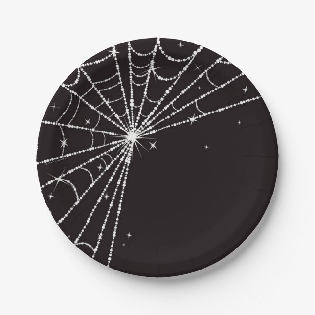 Black Sparkling Diamond Spider Web Paper Plates (Front)