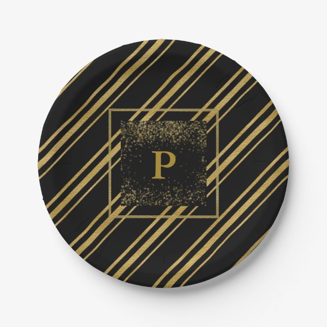 Black & Sparkling Gold Candy Cane Stripe Chic Paper Plates (Front)