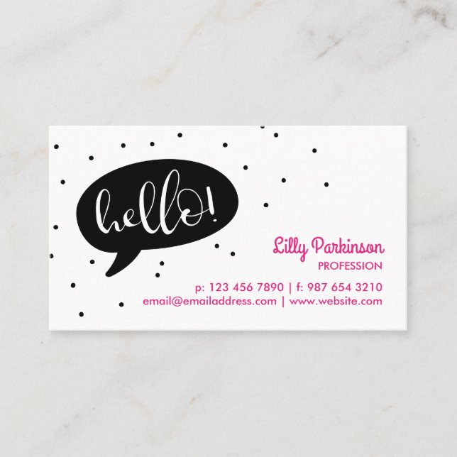 Black Speech Bubble & Confetti Hello! Business Card (Front)