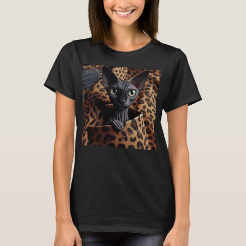 Black Sphynx Cat in Pocket Leopard Print Gift   T_Shirt