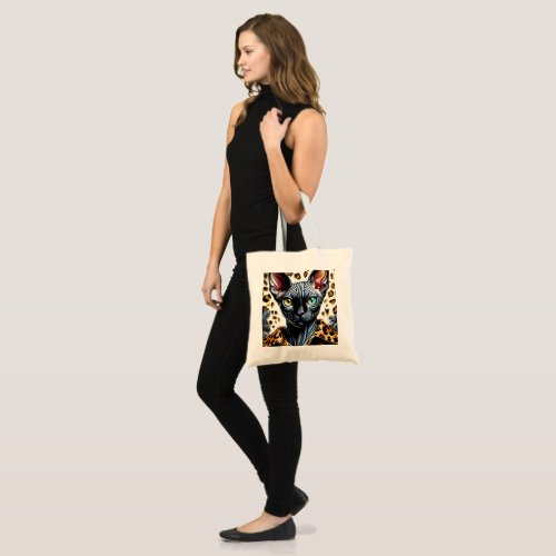 Black Sphynx Cat Leopard Print Double Sided Tote Bag