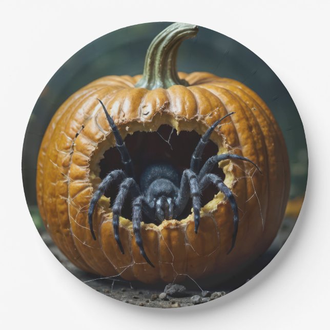Black Spider Crawling Out of a Pumpkin Paper Plates (Front)