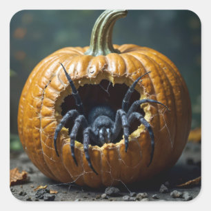 Black Spider Crawling Out of a Pumpkin Square Sticker
