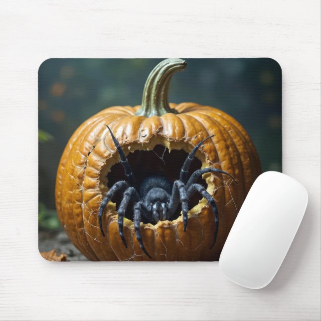 Black Spider Crawling Out of Pumpkin Mouse Pad (With Mouse)