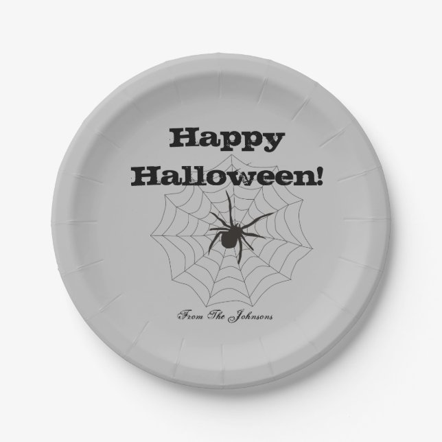 Black Spider Gray Paper Halloween Party Plates (Front)