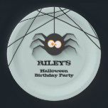 Black Spider Halloween Birthday Party Paper Plates<br><div class="desc">A creepy black spider hanging from his web,  these paper plates are fun for a Halloween birthday party for any age or a Halloween costume party,  just change the wording to fit your occasion. MATCHING items in our store.</div>