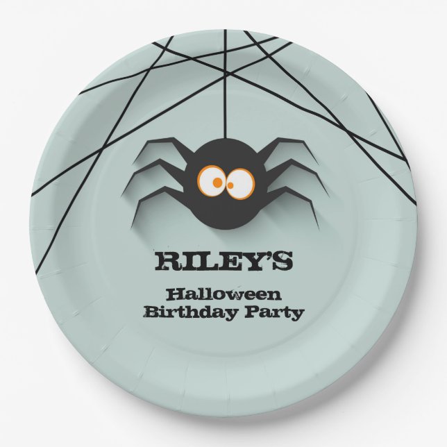 Black Spider Halloween Birthday Party Paper Plates (Front)