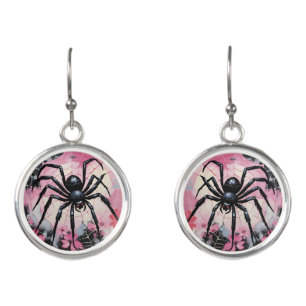 Black Spider Pink Floral Earrings