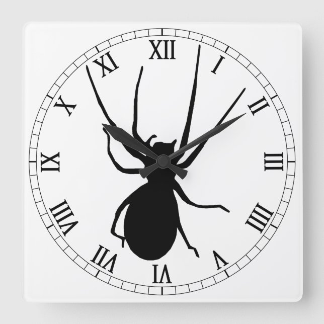 Black Spider Square Roman Numerals Clock (Front)
