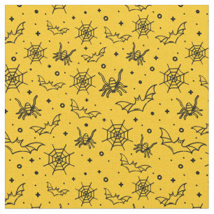 Black Spider, Web & Bat on Yellow Gold Fabric
