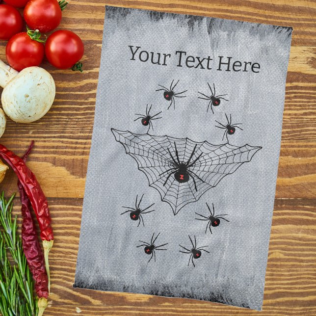 Black Spider Web Surrounded by Black Widows White Kitchen Towel (creepy black widow spiders black triangular web on rustic white with black edges kitchen hand towel.)