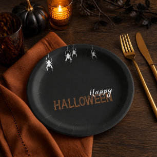 Black Spiders Happy Halloween Orange Party Paper Plates