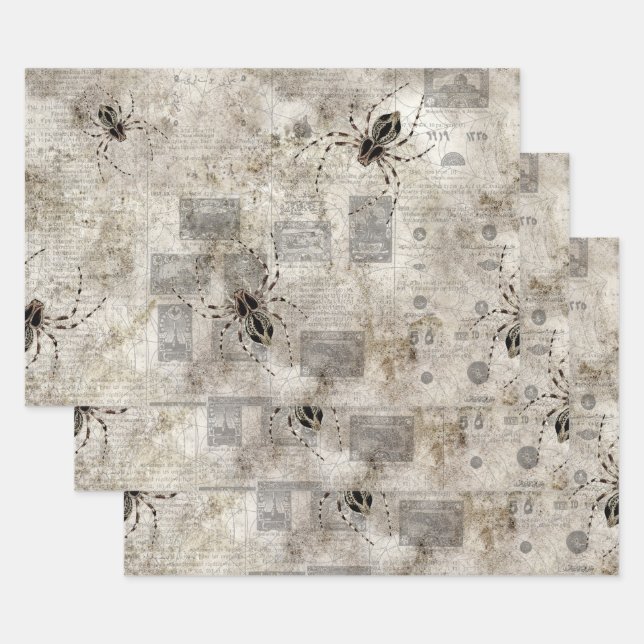 Black Spiders on Catalog Newsprint Wrapping Paper Sheets (Set)