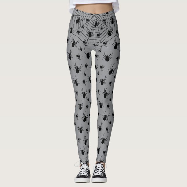 Black spiders spiderweb Halloween costume gray Leggings (Front)
