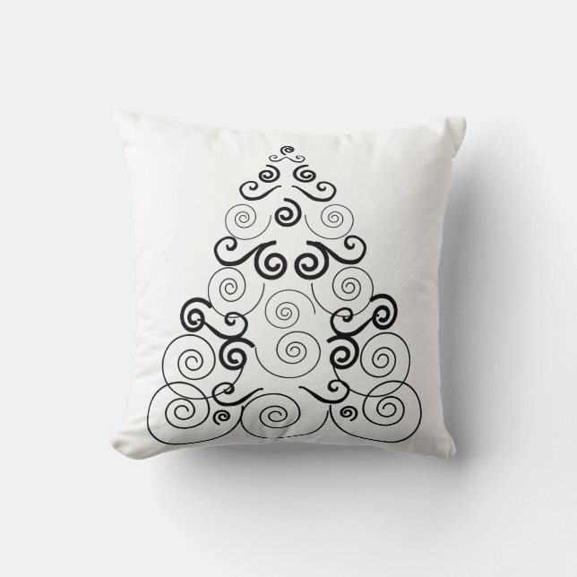 Black, spiral Christmas tree, white throw pillow. Pillow (Front)