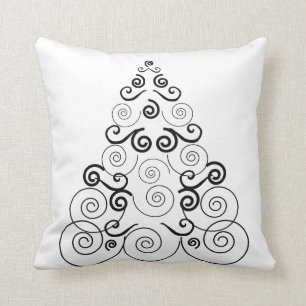 Black, spiral Christmas tree, white throw pillow. Pillow