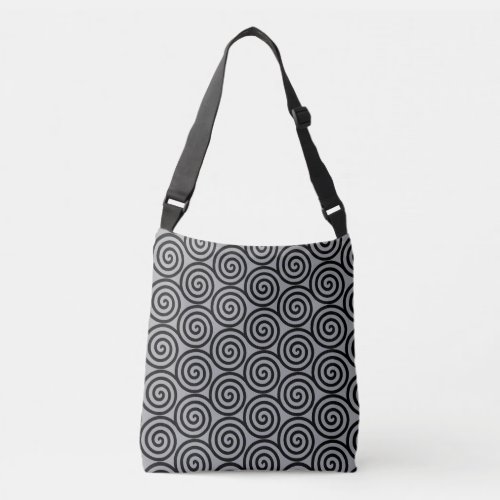 Black Spiral Circles on Quick Silver Gray Crossbody Bag