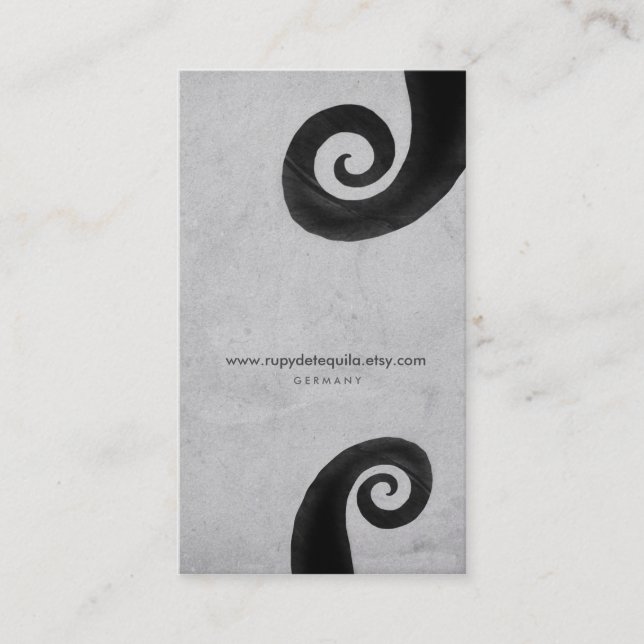 Black spiral distressed handmade business card (Front)