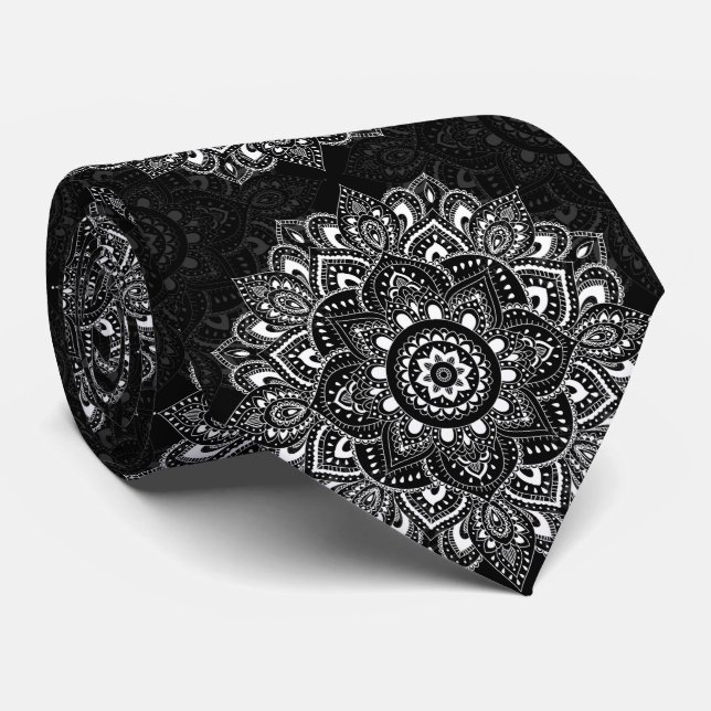 Black spiritual Indian mandala pattern Neck Tie (Rolled)