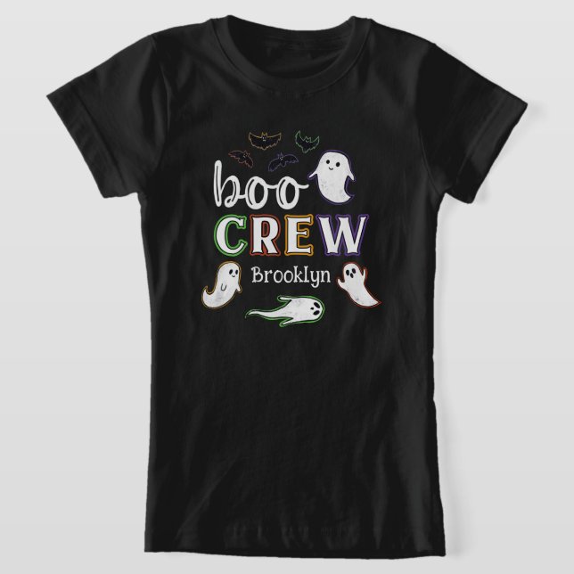 Black Spooky Bats & Ghosts Halloween Boo Crew T-Shirt (Laydown)