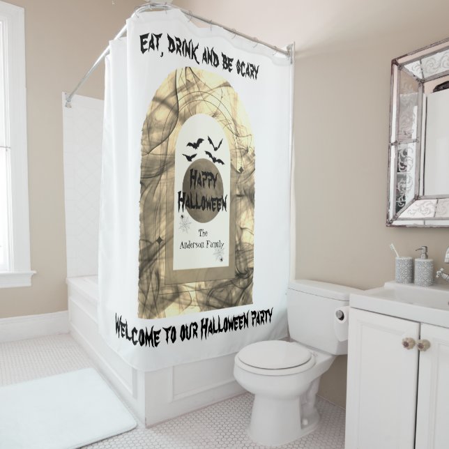 Black Spooky Full Moon Bats Spider Happy Halloween Shower Curtain (In Situ)