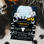 black Spooky Halloween Birthday Invitation<br><div class="desc">Invite friends and family to a frightfully fun celebration with this spooky Halloween birthday party invitation! Featuring glowing jack-o’-lantern pumpkins, flying bats, friendly ghosts, creepy trees, and a full moon background, this haunted-themed design is perfect for kids of all ages. Great for October birthdays, costume parties, or spooky-themed gatherings, this...</div>