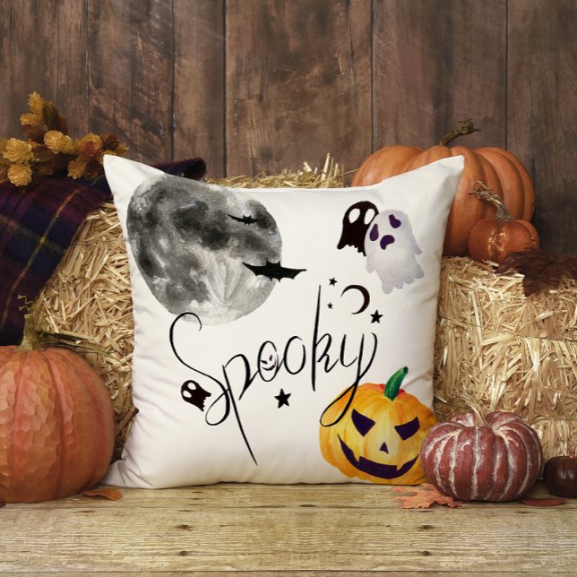 Black Spooky Moon Ghost Bat Halloween Throw Pillow (Creator Uploaded)