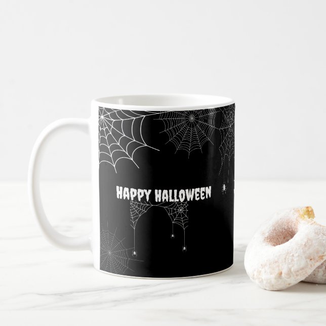Black Spooky Spider Web Happy Halloween Name Coffee Mug (With Donut)