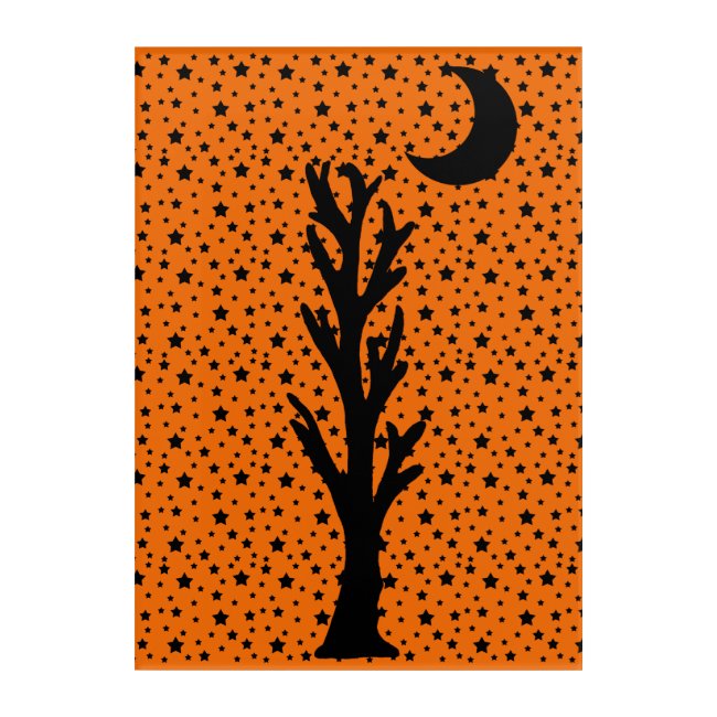 Black Spooky Tree Crescent Moon Starts Dark Orange
