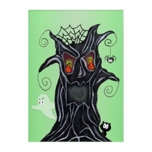 Black Spooky Tree Flame Eyes Spider Ghost Cat Acrylic Print