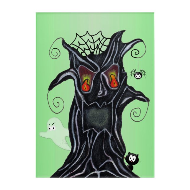 Black Spooky Tree Flame Eyes Spider Ghost Cat Acrylic Print (Front)