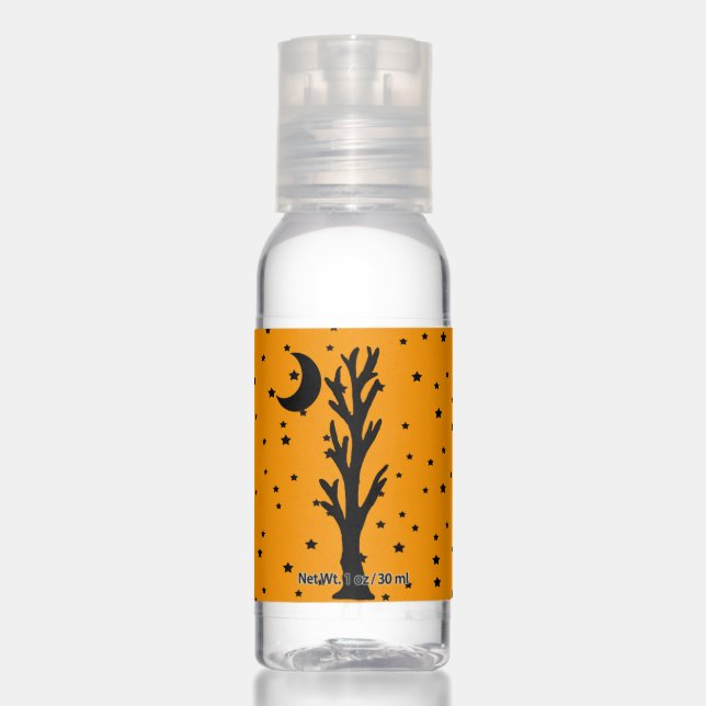 Black Spooky Tree on Orange Moon Stars Hand Sanitizer (Front)
