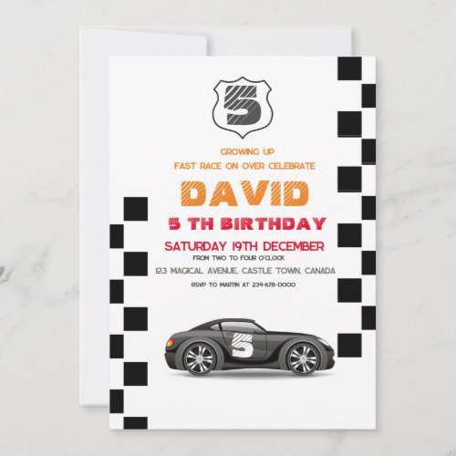 Black Sport Car  Toys Cars 5th Boy Birthday Invitation