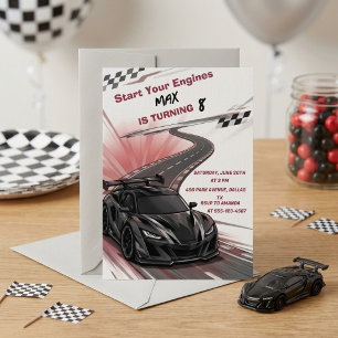 Black Sports Car Racing Kids Birthday Party  Invitation