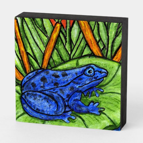 Black Spotted Blue Frog on Lily Pad Reed Plants Wooden Box Sign