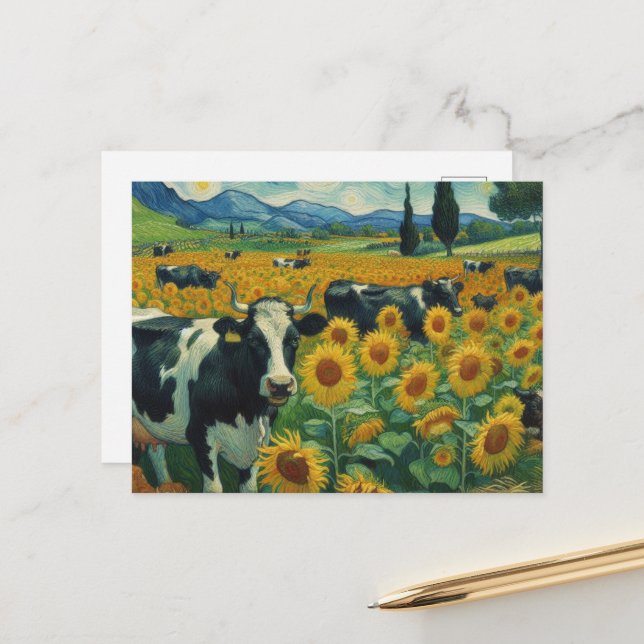 Black Spotted Cows a Faux Van Gogh Postcard (Front/Back In Situ)