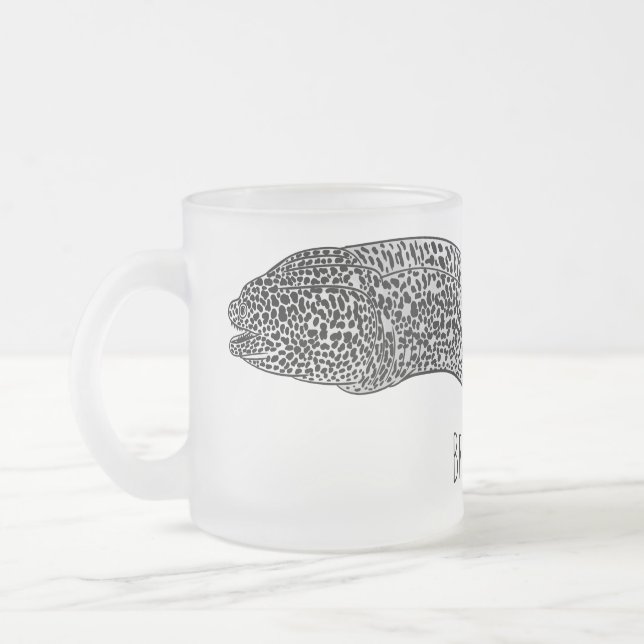 Black spotted moray eel cartoon illustration frosted glass coffee mug (Left)