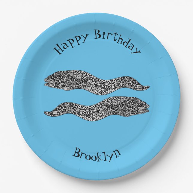 Black spotted moray eel cartoon illustration  paper plates (Front)