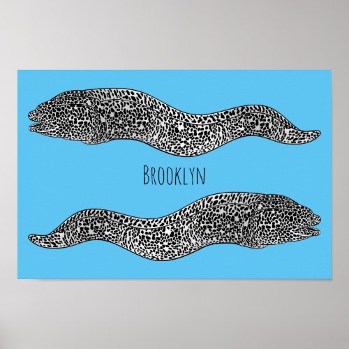 Black spotted moray eel cartoon illustration poster
