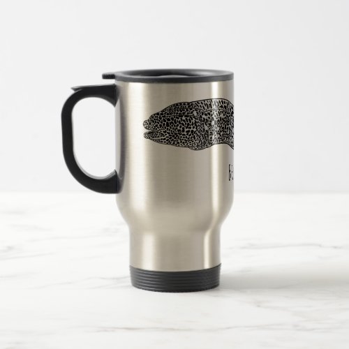 Black spotted moray eel cartoon illustration  travel mug