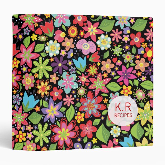Black Spring Flowers Pattern Recipe Binder (Front/Spine)