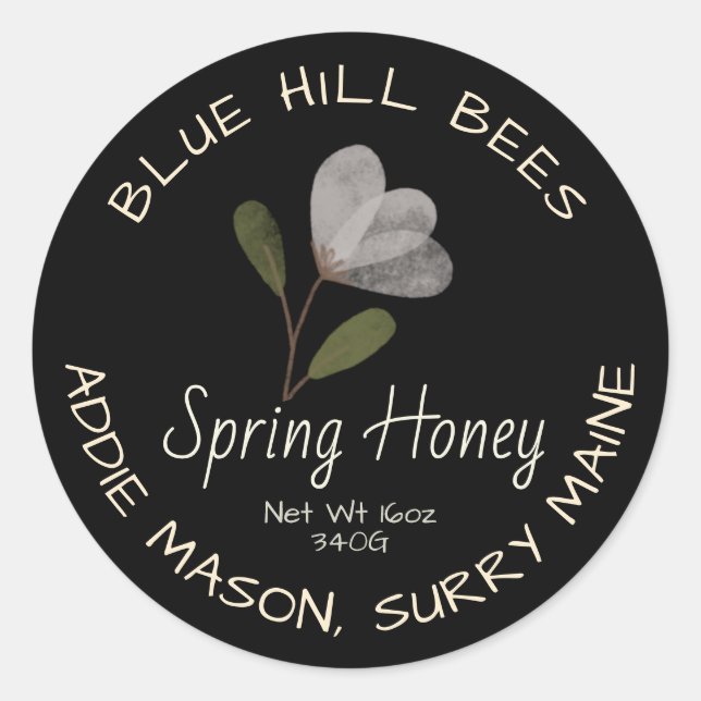 Black Spring Honey Label White Watercolor Flower (Front)