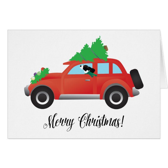 Black Springer Spaniel Car with Tree on Top Card (Front Horizontal)