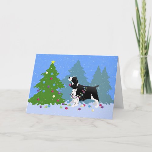 Black Springer Spaniel Decorating Christmas Tree Holiday Card