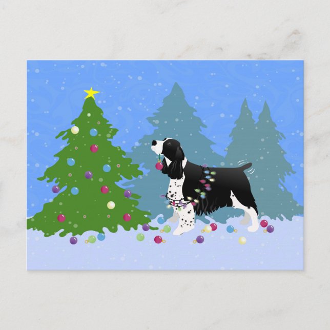 Black Springer Spaniel Decorating Christmas Tree Holiday Postcard (Front)