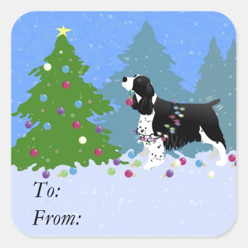 Black Springer Spaniel Decorating Christmas Tree Square Sticker