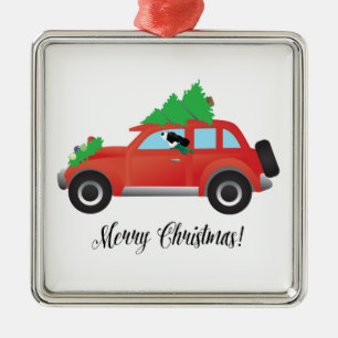 Black Springer Spaniel Dog - Car with Tree on Top Metal Ornament
