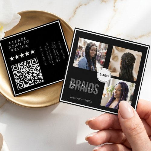 Black Square Braiding Salon 3-Photo Collage QR  Business Card