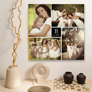 Black Square Grid Family Monogram 4 Photo Collage Canvas Print