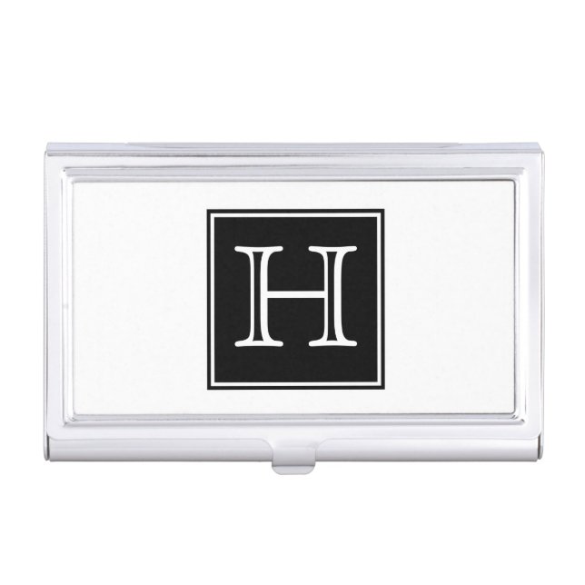 Black Square Monogram Business Card Holder (Front)